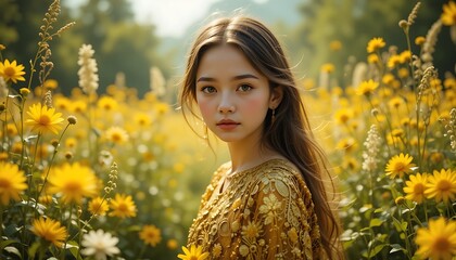 Stunning Portrait of a Young Woman in a Golden Dress Amidst a Field of Yellow Flowers