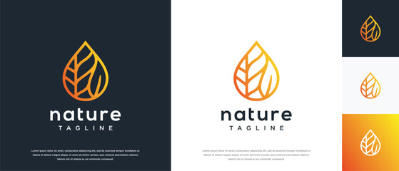 Leaf water drop logo design. Nature leaf water line logo template.