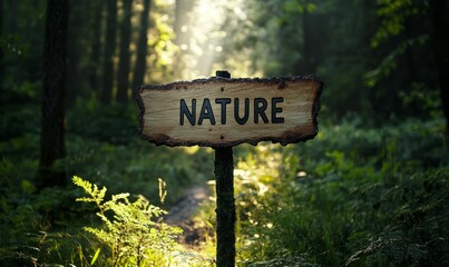 Wooden sign with nature text in a forest.
