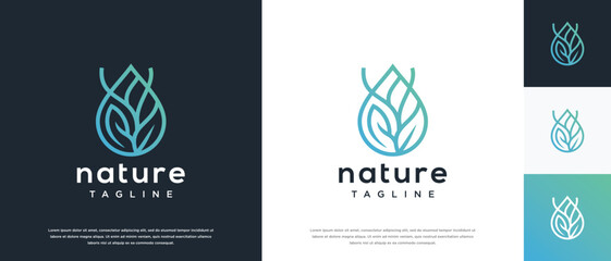Leaf water drop logo design. Nature leaf water line logo template.