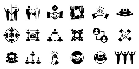 Successful business collaboration icon set. Containing teamwork, cooperation, team working, agreement, handshake, support, leadership, help, group people, partnership,organization. Vector illustration