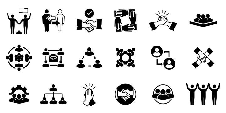 Successful business collaboration icon set. Containing teamwork, cooperation, team working, agreement, handshake, support, leadership, help, group people, partnership,organization. Vector illustration