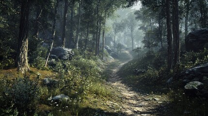 Obraz premium Misty Forest Path: A Serene Woodland Trail