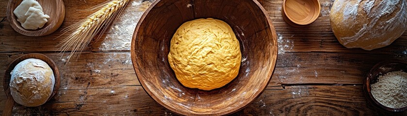 Rustic bread dough in bowl, wheat, flour, wooden table. Baking recipe