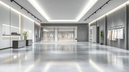 Elegant Spring Fashion Showcase: Modern Female Model Presenting Stylish Ensemble in Sophisticated Boutique Setting. Chic Interior Design with Gray Walls, Concrete Floors, and Bright Lighting Enhancing