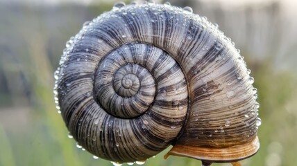 A close-up of a beautifully spiraled snail shell covered in dew drops, showcasing intricate patterns and textures in a natural setting.