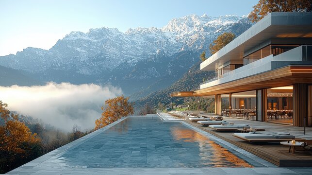 Modern mountaintop house with infinity pool overlooking scenic valley and snow-capped mountains at sunrise. - Powered by Adobe