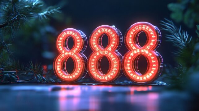 Glowing Digital 3D Number 888 in Cyberpunk Style with Abstract Neon Lights and Reflections