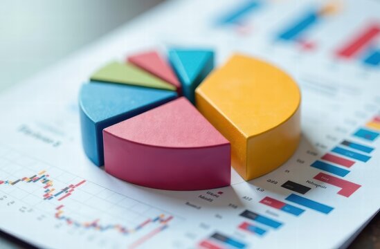 3D pie chart in pastel colors, lies on printed sheets with graphs. symbol of statistics in economics, diversification and distribution