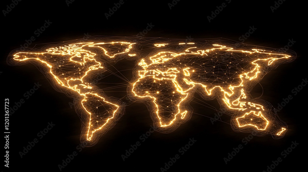 Poster glowing world map illustrating global network connections.