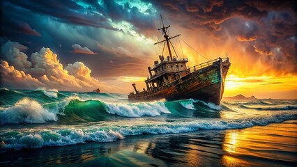 Obraz premium Mysterious Bermuda Triangle: Double Exposure of Ocean and Shipwreck