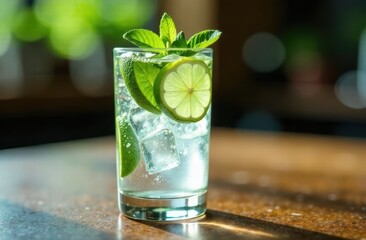 refreshing mojito: a glass of water with lime, mint and ice is on the table. summer drink