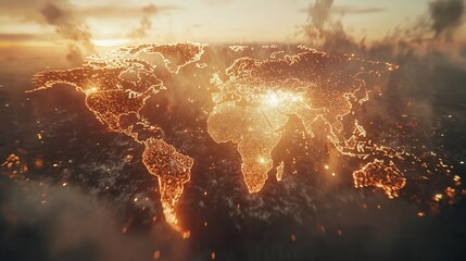 Fototapeta premium Glowing world map at sunset, global network concept.