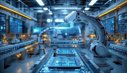 Fototapeta premium Robotics Lab Robotic Arm Analyzing Data in Advanced Tech Setting