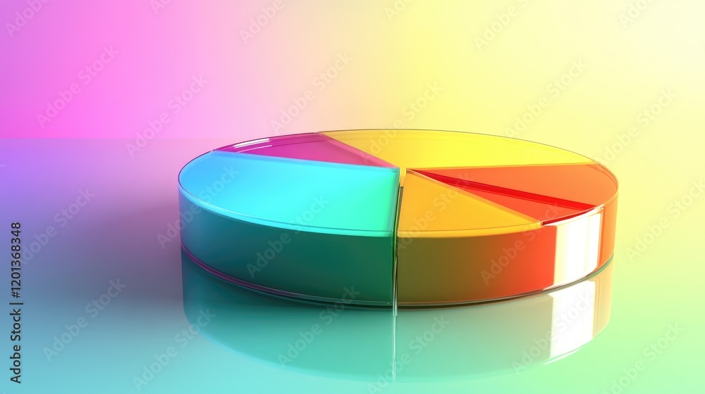 Poster multi-segmented pie chart in gradient colors, floating on a transparent surface, symbolizing diverse