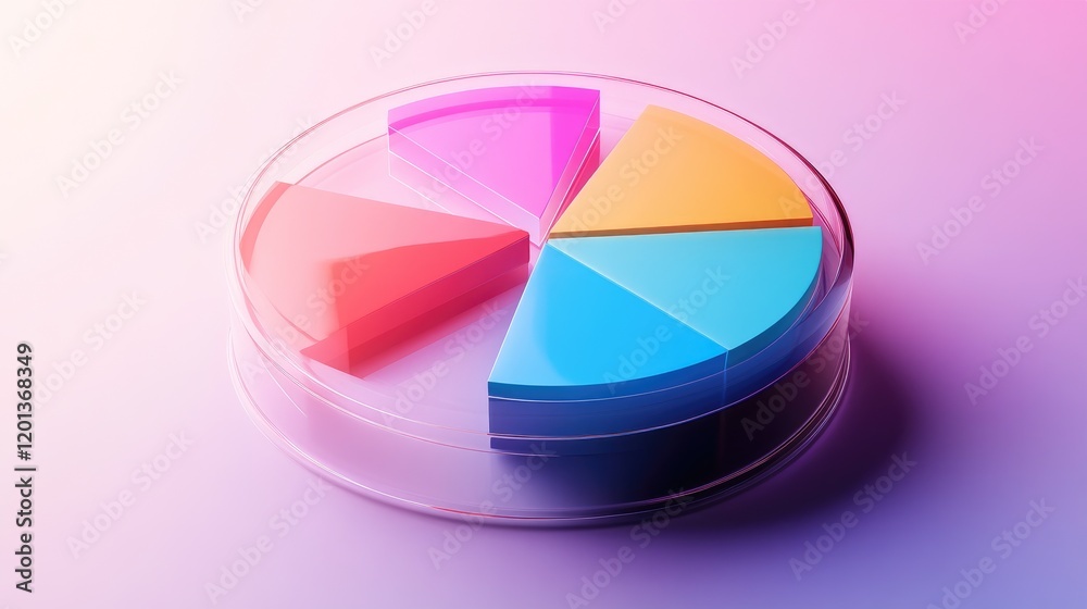 Poster multi-segmented pie chart in gradient colors, floating on a transparent surface, symbolizing diverse