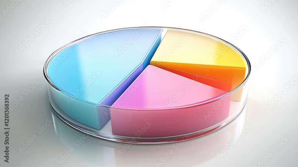 Poster multi-segmented pie chart in gradient colors, floating on a transparent surface, symbolizing diverse