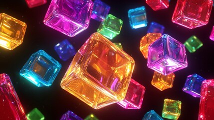 Vibrant, colorful glass cubes floating in dark space.