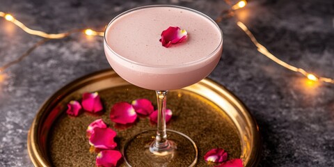 Romantic Pink and Red Cocktails for Valentine's Day Concept. Elegant pink cocktail garnished with rose petals on a gold plate
