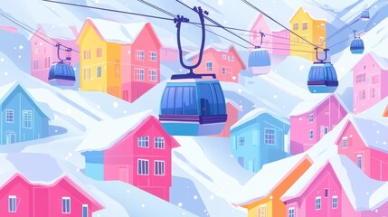 Fototapeta premium Colorful ski cabin lift for mountain skiers and snowboarders moves in the air on a cableway,ski resort with snowy hill,Skiing and snowboarding,Active vacation weekend,Winter holiday.