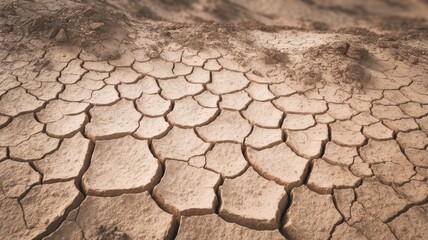 Close-up view of cracked dry earth, showcasing a textured landscape of parched soil and desolation.