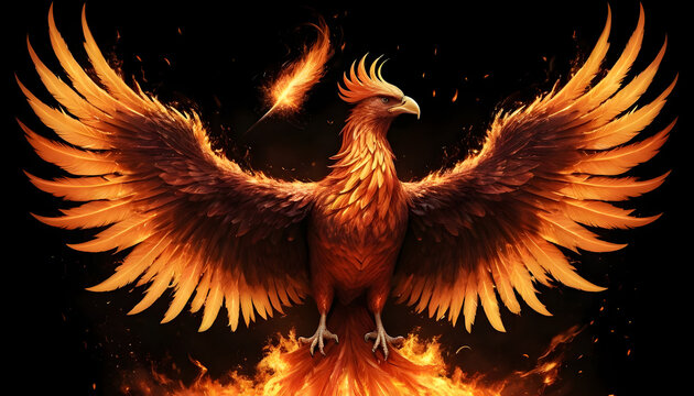 Mythical phoenix rising from flames with vibrant orange and red feathers against a black background
