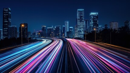 Fototapeta premium Vibrant traffic light trails on busy highway.