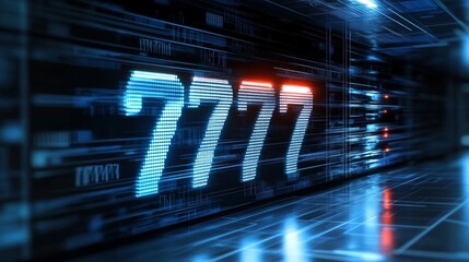 Glowing Binary Code Number 777 in a Futuristic Digital Server Room, Big Data Visualization