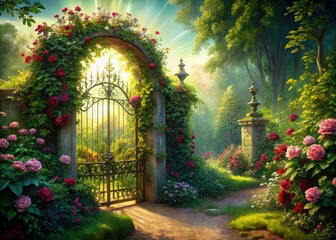 Fototapeta premium Mysterious Hidden Garden Gate: Secret Pathway to Lush Greenery and Blooming Flowers