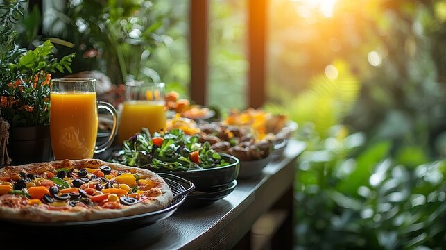 Delightful autumn brunch with scrumptious quiche, fresh salad, and aromatic coffee spread in a warm ambiance