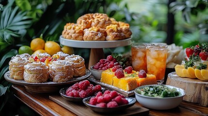 For an unforgettable event, a large, festively decorated snack table packed with food and drinks is ready to welcome guests. Horizontal color photography
