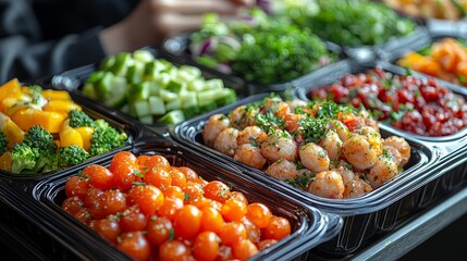 Obraz premium Food is arranged on a white tray with a salad, tomatoes, and bread
