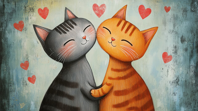 A sweet Valentine’s Day card featuring a cat couple hugging, cuddling, and sharing a loving kiss.

