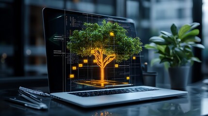 Digital tree growing on laptop screen, office background, tech sustainability concept, website banner