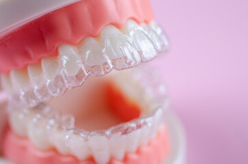 Close-up. Transparent aligners for artificial jaw teeth on a pink background