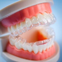 Close-up. Transparent aligners for artificial jaw teeth on a blue background