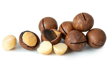 Macadamia nuts display showcasing their hard shells and creamy interior in a bright setting