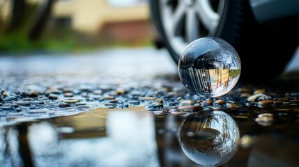 Glass orb reflects the scene above, puddles mirror.