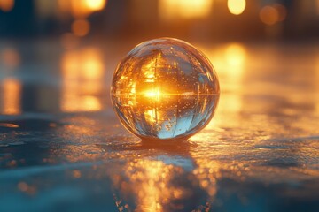 Reflection of warm sunlight captured in a clear glass orb on a wet surface during sunset