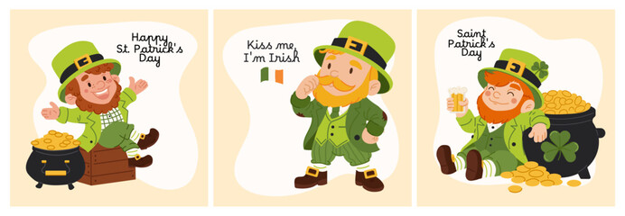 set of Leprechaun posters for St. Patrick's Day in flat style and text