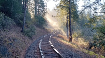 Fototapeta premium Railway tracks curving gently through a misty forest, surrounded by tall trees and early morning fog, creating a serene atmosphere