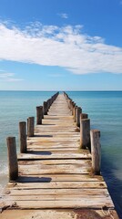 Obraz premium Scenic wooden pier extending into tranquil ocean under clear blue sky