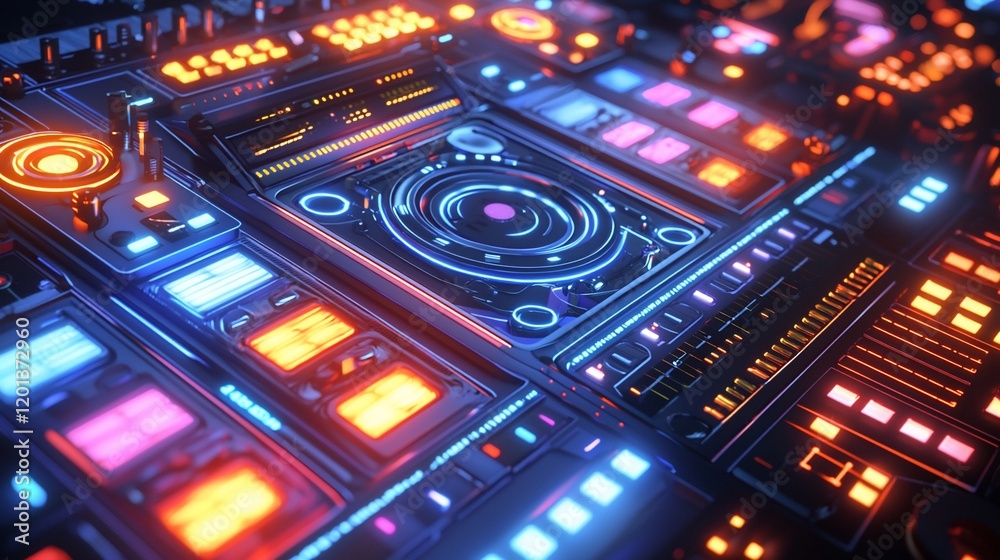 Poster futuristic dj console with glowing controls and vibrant lights.