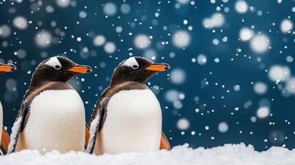 Fototapeta premium Gentoo penguins in snowy habitat antarctica wildlife photography winter wonderland close-up animal behavior