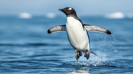 Fototapeta premium Penguin jumping in the ocean antarctica wildlife photography natural environment close-up view animal behavior