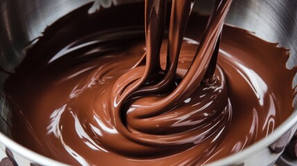 Rich, glossy melted chocolate swirling in a stainless steel bowl, showcasing its luxurious texture and inviting color.