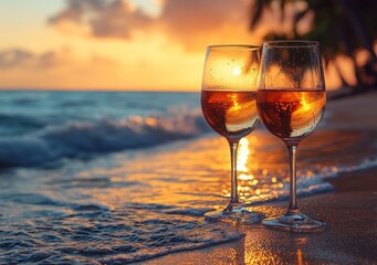 Romantic getaway with a dining theme. Two wine glasses set against a stunning beach sunset