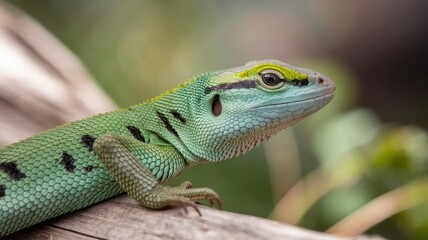 Obraz premium A vibrant green lizard resting on a branch, showcasing its intricate scales and striking colors, blending harmoniously with its natural environment.