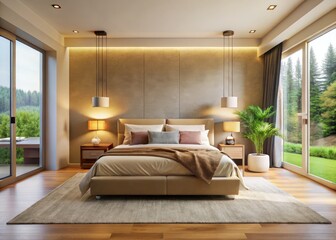 Beige stucco walls, expansive windows bathe a minimalist bedroom in light, showcasing a large, low bed.