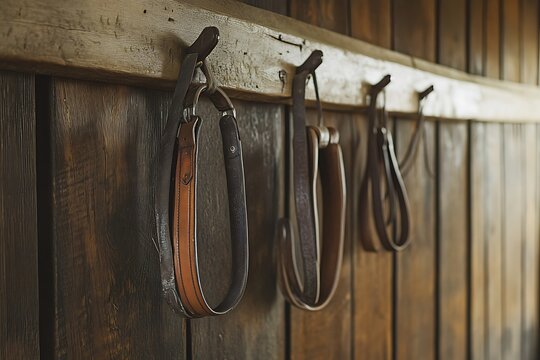 leather belts hanging  on wall